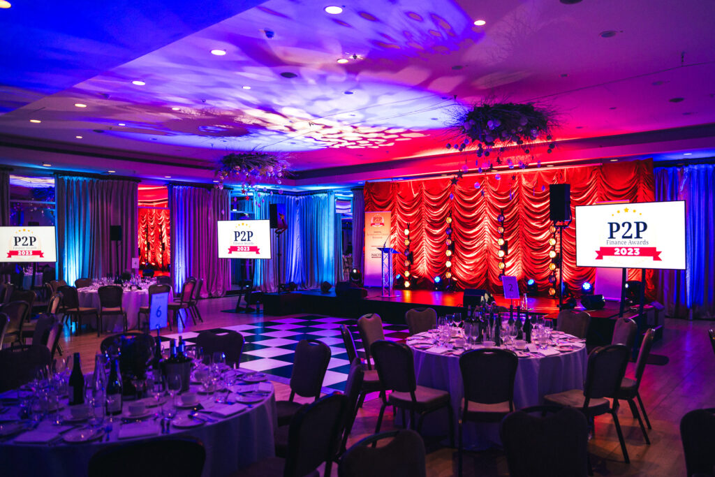 Awards ceremony gala dinner with stage lighting