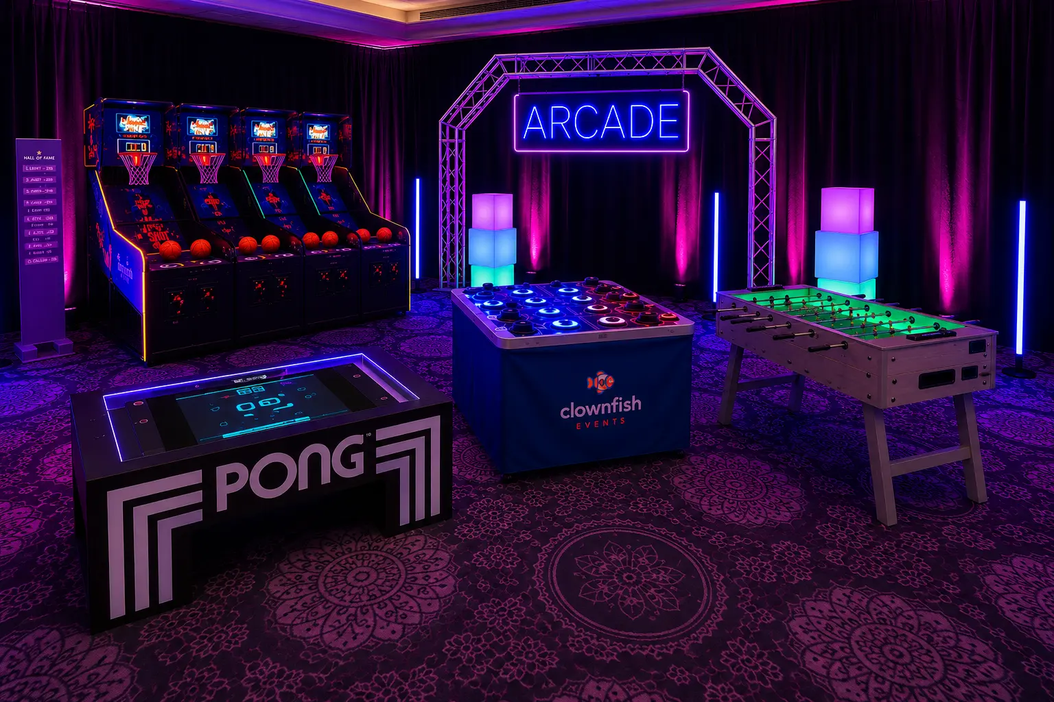 Branded arcade takeover with neon ARCADE signage, leaderboard display and arcade cabinets set up for a corporate event